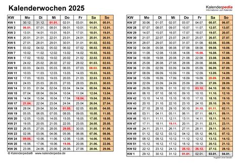 Kalenderwochen 2025 Mit Vorlagen Für Excel Word And Pdf