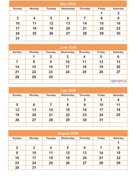 May June July August Printable Calendar