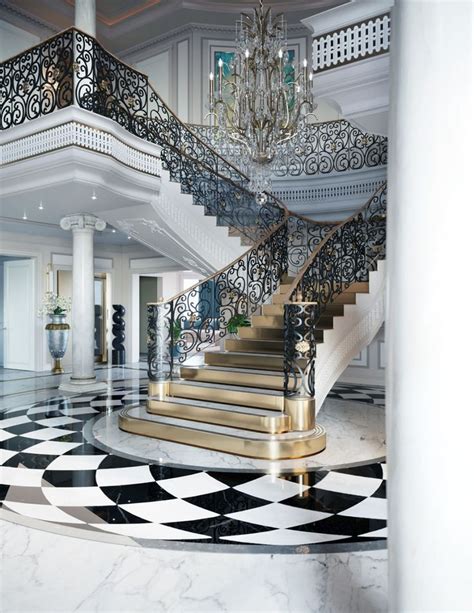 An Elegant Staircase With Chandelier And Black And White Checkered Floor