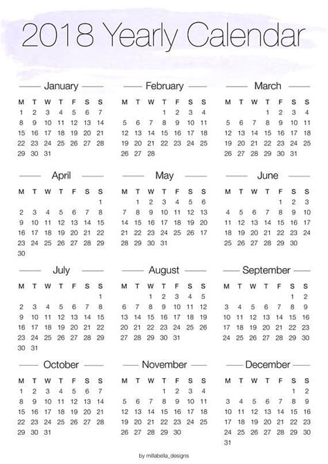 Printable 2018 Yearly Overview Calendar Printable Calendar Word