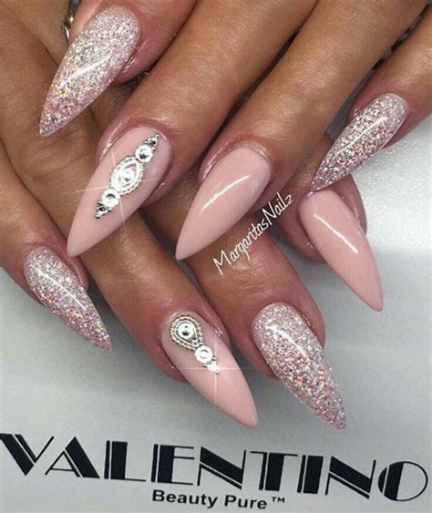 Light Pink Glitter Stiletto Acrylic Nails Pointed Nails Pink Nails