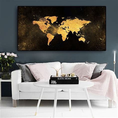 Abstract Black Gold World Map Canvas Painting Poster And Printed Nordic
