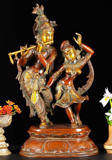 Brass Gopal Krishna Statue Playing The Flute With His Beloved Radha