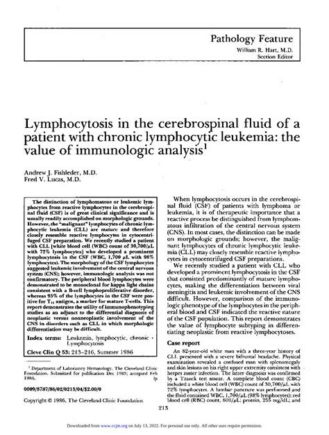 Pdf Lymphocytosis In The Cerebrospinal Fluid Of A Patient With