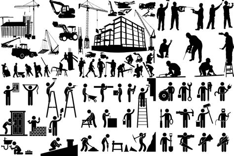 Worker Silhouette And Building And Construction Equipment Vectors