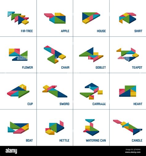 Tangram Puzzle Set Of Tangram Isometric Objects Stock Vector Image