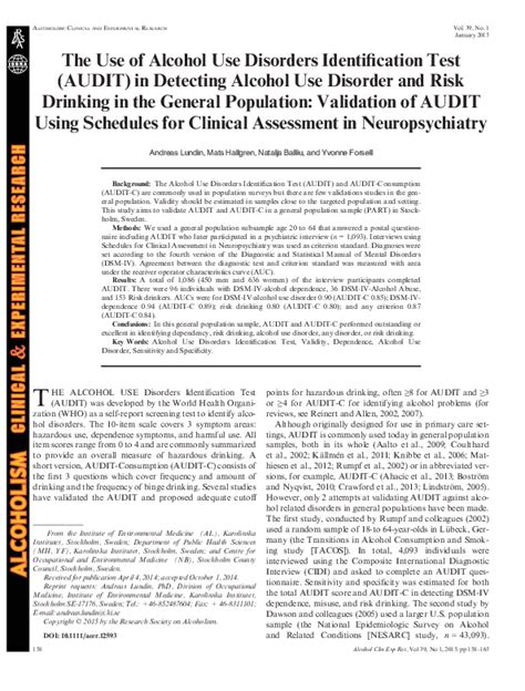 Pdf The Use Of Alcohol Use Disorders Identification Test Audit In