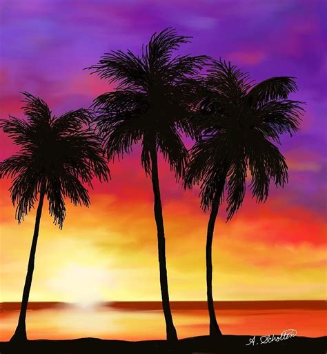 Sunset On A Palm Beach By Amy Scholten Beach Sunset Painting Sunset