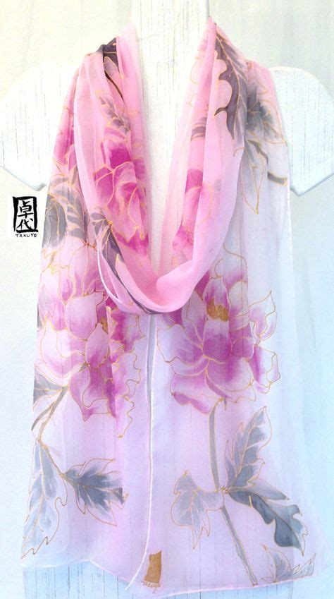 Handpainted Silk Scarf Japanese Pink Peonies By Silkscarvestakuyo 12500