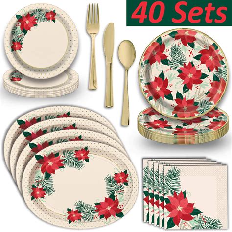 Holiday Poinsettia Dinnerware W Shiny Gold Trim 40 Servings Dinner Plates Dessert Plates