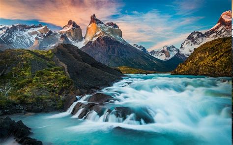 549695 Chile Sunrise Mountain Lake Waterfall Torres Del Paine National