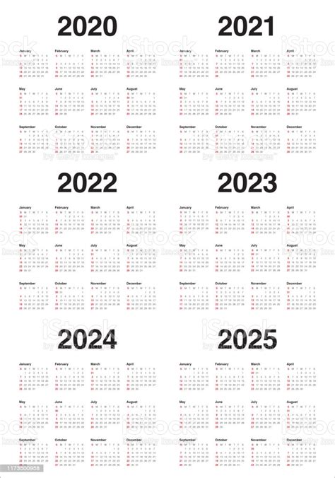 Jaar 2020 2021 2022 2023 2024 2025 Kalender Vector Ontwerpsjabloon