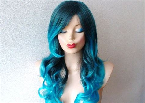 Teal Blue Ombre Wig 26 Curly Hair Side Bangs Wig Heat Etsy Ombre