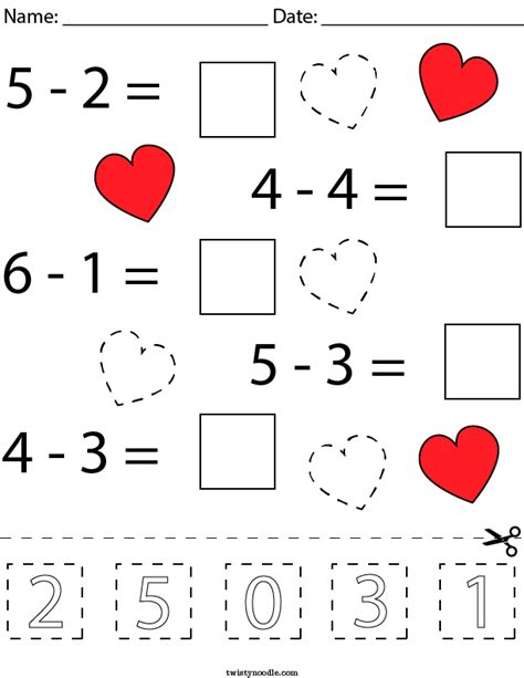 Valentines Day Subtraction Cut And Paste Math Worksheet Twisty Noodle