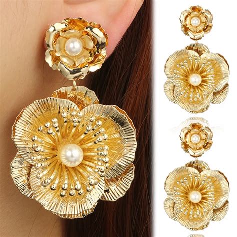vintage luxury gold multilayer big flower dangle earring sexy women simulated pearl earring