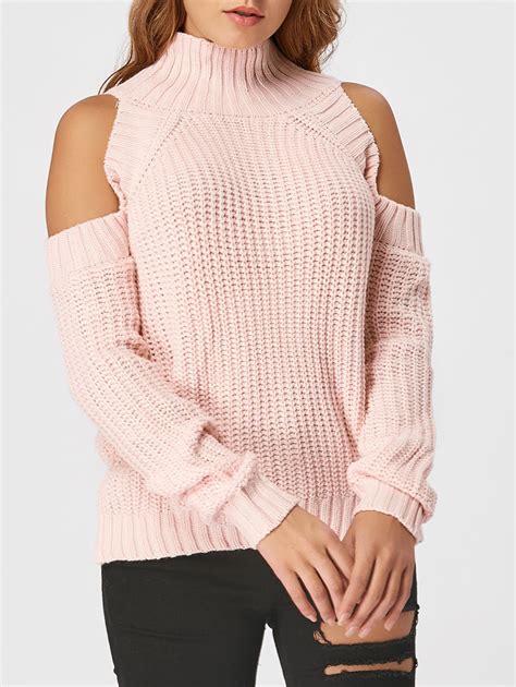 17 Off 2020 Mock Neck Cold Shoulder Sweater In Pink Dresslily