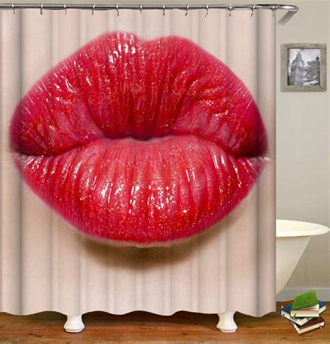 Shower Curtain Set With Hooks Red Mouth Makeup Sexy Kiss Adorable I Love You Cute Lip Funny