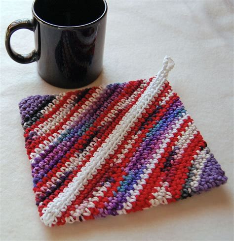 Crochet Hot Pad Pot Holder Cotton Red And Purple Scrappy Stripes 450 Usd Via Etsy
