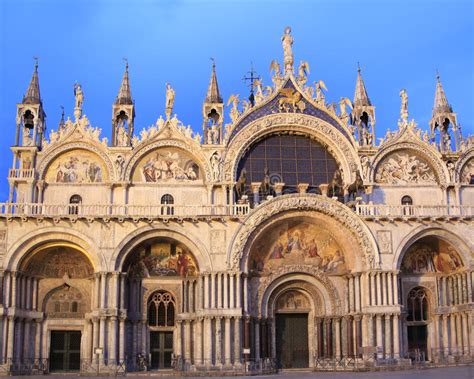 The Facade Of The Basilica Di San Marco At Dusk Venice Stock Image