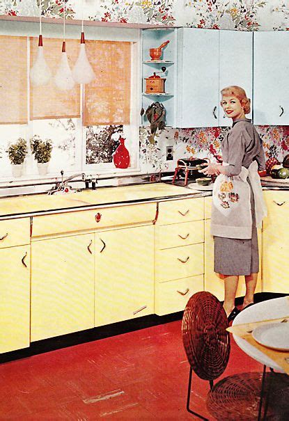 Display cabinet, dishes, pots and pans. Vintage 1950's Youngstown Kitchen in yellow and red ...