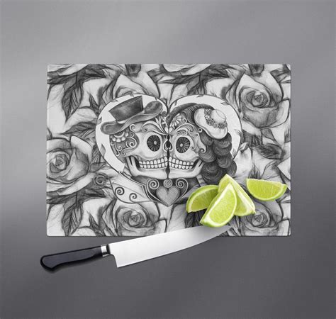 Kissing Couple Pencil Sketch Rose Sugar Skull Cutting Boards Ink And Rags