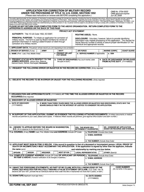 Dd Form 149 Sep 2007 Application For Correction Of Fill And Sign