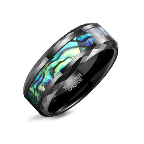 Multi-color Rainbow Abalone Shell Tungsten Wedding Rings Faceted Edge