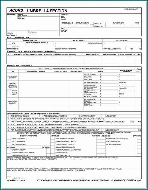 Commercial Insurance Application Acord Form Financial Report