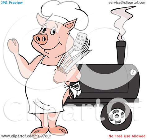 Clipart Happy Chef Pig Waving And Standing By A Bbq Smoker Royalty