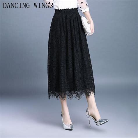 Women Elegant Summer Eyelash Lace Midi Skirt Elastic Waist Pleated Skirt Black Ladies Saias In