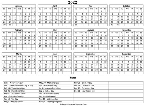 Free 2022 Printable Calendar With Holidays Free Resume Templates