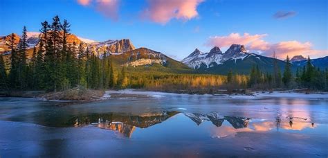 Canada Sunrise Mountain Lake Forest Frost Snowy Peak Clouds Reflection