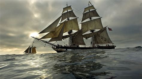 Ships Boats Ocean Sea Sailing Galleon Schooner Sky Clouds