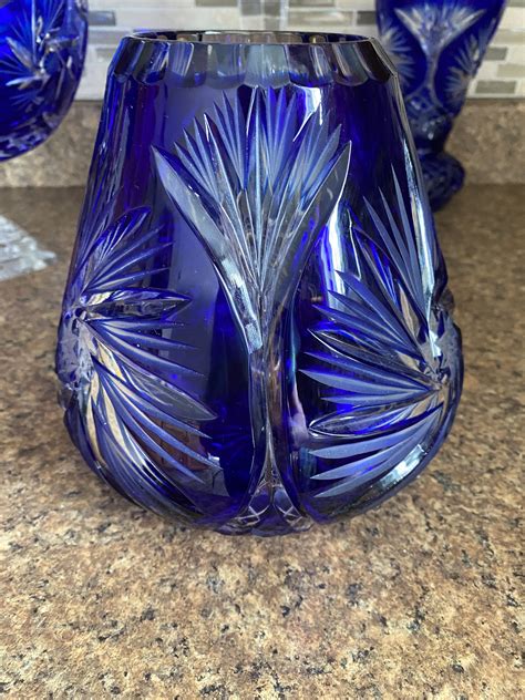 Vintage Heavy Bohemian Cobalt Blue Vase Cut To Clear Crystal Vase
