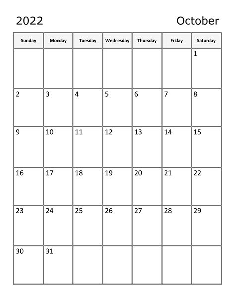 October 2022 Monthly Calendar Template October 2022 Free Printable