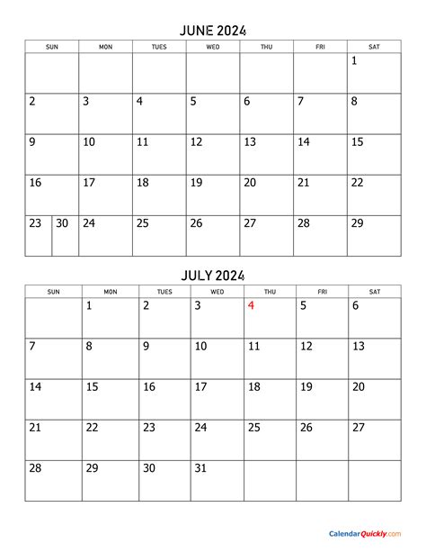 June And July 2024 Calendar Calendar Quickly