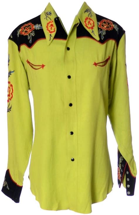 1940s Chartreuse Gabardine Embroidered Western Shirt Vintage Western