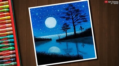 Beautiful Moonlight Landscape Drawing For Beginners With Oil Pastels