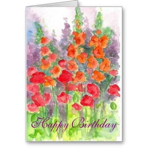 Poppy Gladiola Flower Watercolor Happy Birthday Greeting Cards In 2021