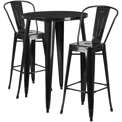 30 Round Black Metal Indoor Outdoor Bar Table Set With 2 Cafe Stools