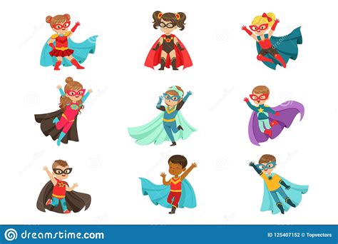 Super Kids Set Boys And Girls In Superhero Costumes Colorful Vector