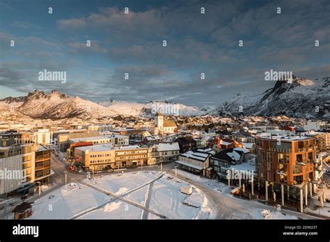 View Over The Main Square Torget In The City Of Svolvaer On The Lofoten