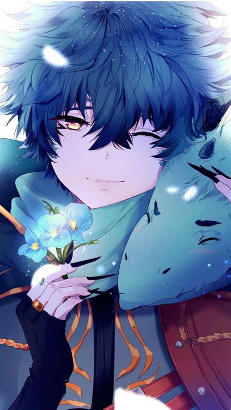 An Anime Character With Blue Hair Holding A Flower In His Hand And