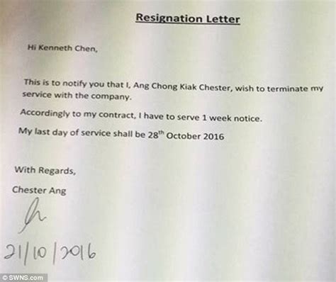 The date of your last day of work (based on the notice you're. Singapore call centre boss rewrites worker's resignation letter to praise HIMSELF | Daily Mail ...