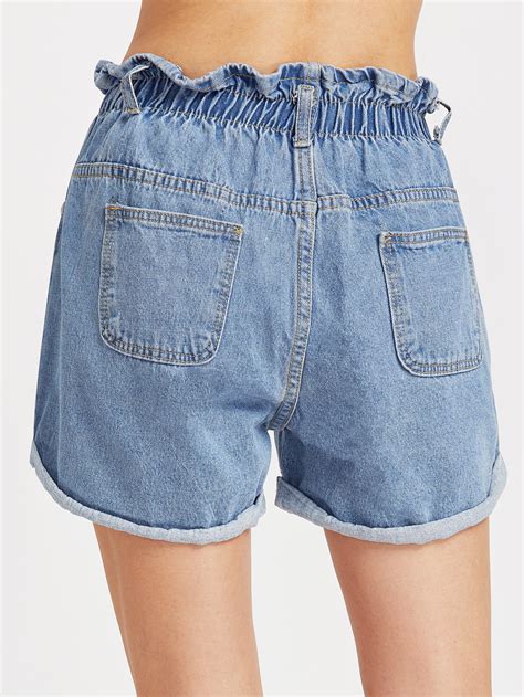 Shirred Elastic Waist Rolled Hem Denim Shorts Sheinsheinside