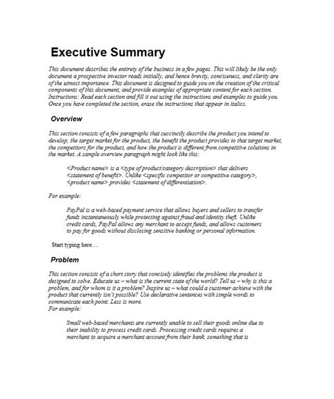 Any good example of an executive summary will definitely include the name of the business, the place where it is located, mention of the services that the business provides or the products it sells and also the purpose of writing the report that the summary is an overview of. Executive-Summary-Template-edit - Business Letters Blog