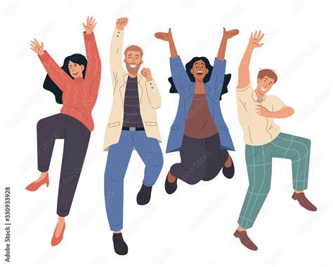 Happy People Jumping Celebrating Victory Flat Cartoon Characters