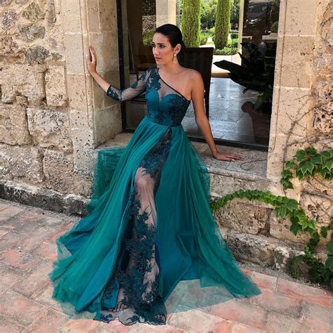 Emerald Green Long Sleeve Prom Dress One Shoulder Sexy See Through Lace