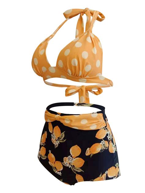 Frauen Bikini Badeanzug Gelbe Träger Hals Blumendruck Muster Sommer