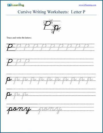 Students practice the cursive letter p in this handwriting worksheet. Cursive writing: Letter P | K5 Learning